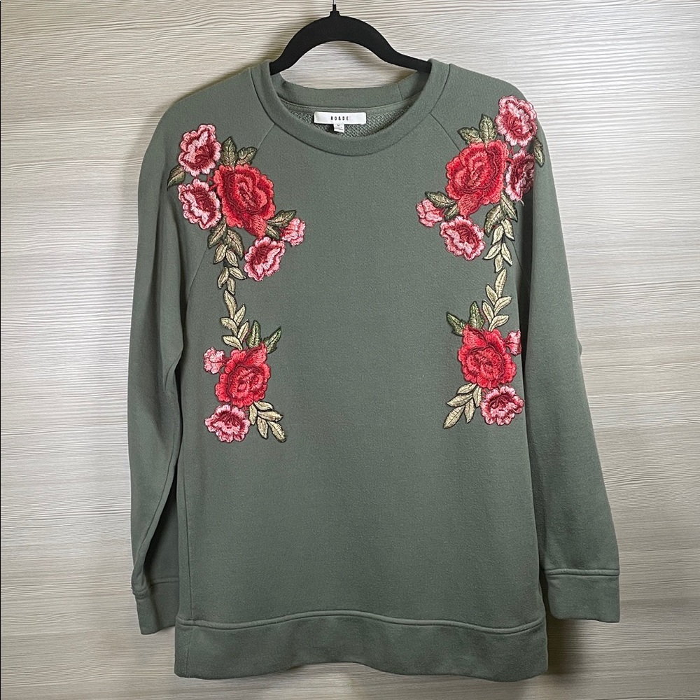 Ro & De Oversized Olive Green Sweatshirt with Red Floral Brocade | Medium